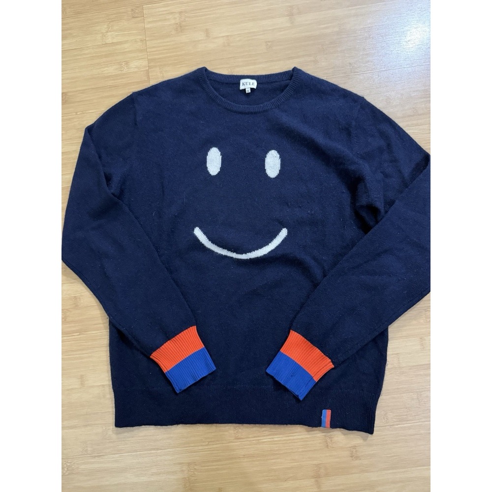 Anthropologie Kule Smiley Face Cashmere Sweater Navy Blue Orange Cuff Size Small